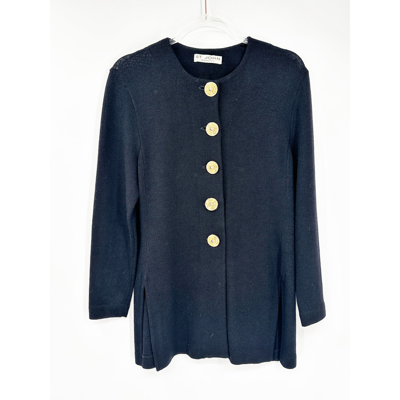 St. John Black Knit Jacket W/ Gold Buttons & Side Slits - Size Small